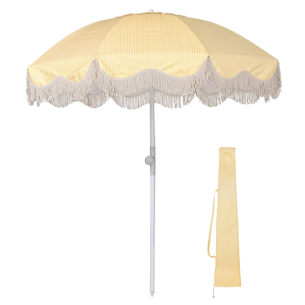 LAGarden 6Ft Fringe Patio Umbrella with Push Button Tilt Carry Bag UV30+ Outdoor Beach Yard Pool Party Deck Purple Stripe