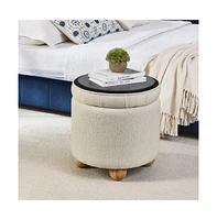 Round Storage Ottoman with Lid, Multi-Functional Upholstered Footrest, Tufted Linen Ottoman-The Pop Home