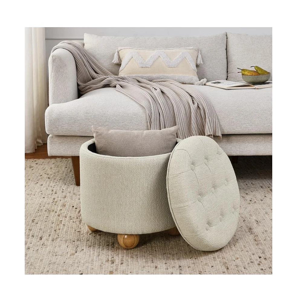 Round Storage Ottoman with Lid, Multi-Functional Upholstered Footrest, Tufted Linen Ottoman-The Pop Home