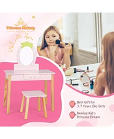 2-in-1 Children Vanity Table Stool Set with Mirror