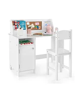 Wooden Kids Study Desk and Chair Set with Storage Cabinet and Bulletin Board