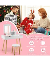 Kid Vanity Table Chair Set with Mirror and 2 Large Storage Drawers