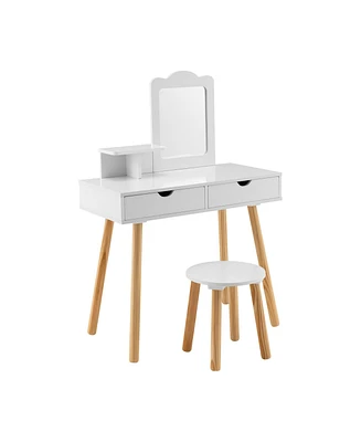 Kid Vanity Table Chair Set with Mirror and 2 Large Storage Drawers
