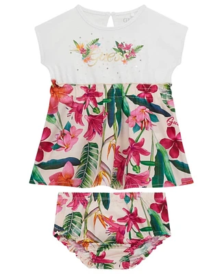 Guess Baby Girls 2-Piece Mixed Fabric Short Sleeve Dress with Printed Bloomer Set
