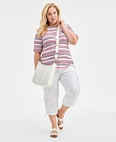 Style & Co Plus Striped Elbow-Sleeve Knit Top