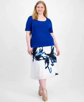 Anne Klein Plus Size Square Neck Sweater Printed Flared Skirt