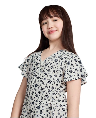 Calvin Klein Big Girls Scratchy Floral Wrap Short Sleeve Dress