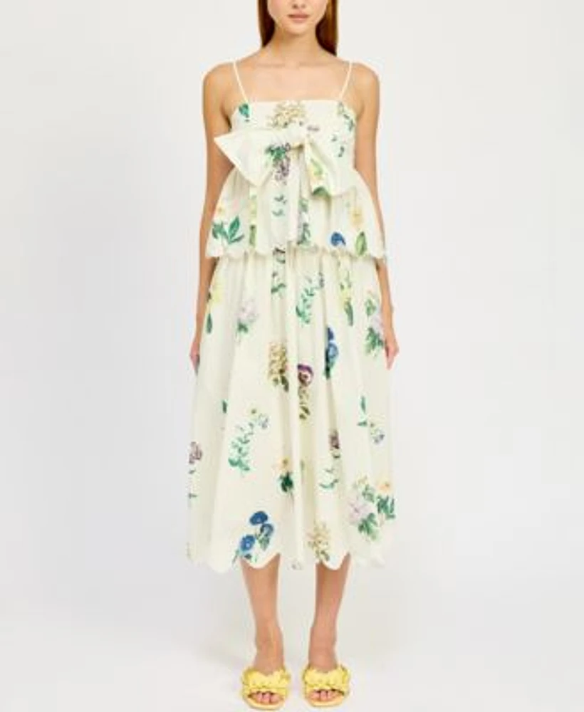 En Saison Womens Ashley Cotton Babydoll Peplum Top Ashley Floral Print Belted Scalloped Hem Cotton Midi Skirt