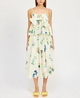 En Saison Womens Ashley Cotton Babydoll Peplum Top Ashley Floral Print Belted Scalloped Hem Cotton Midi Skirt