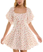 Crystal Doll Juniors' Printed Lace-Up Bubble-Sleeve Skater Dress