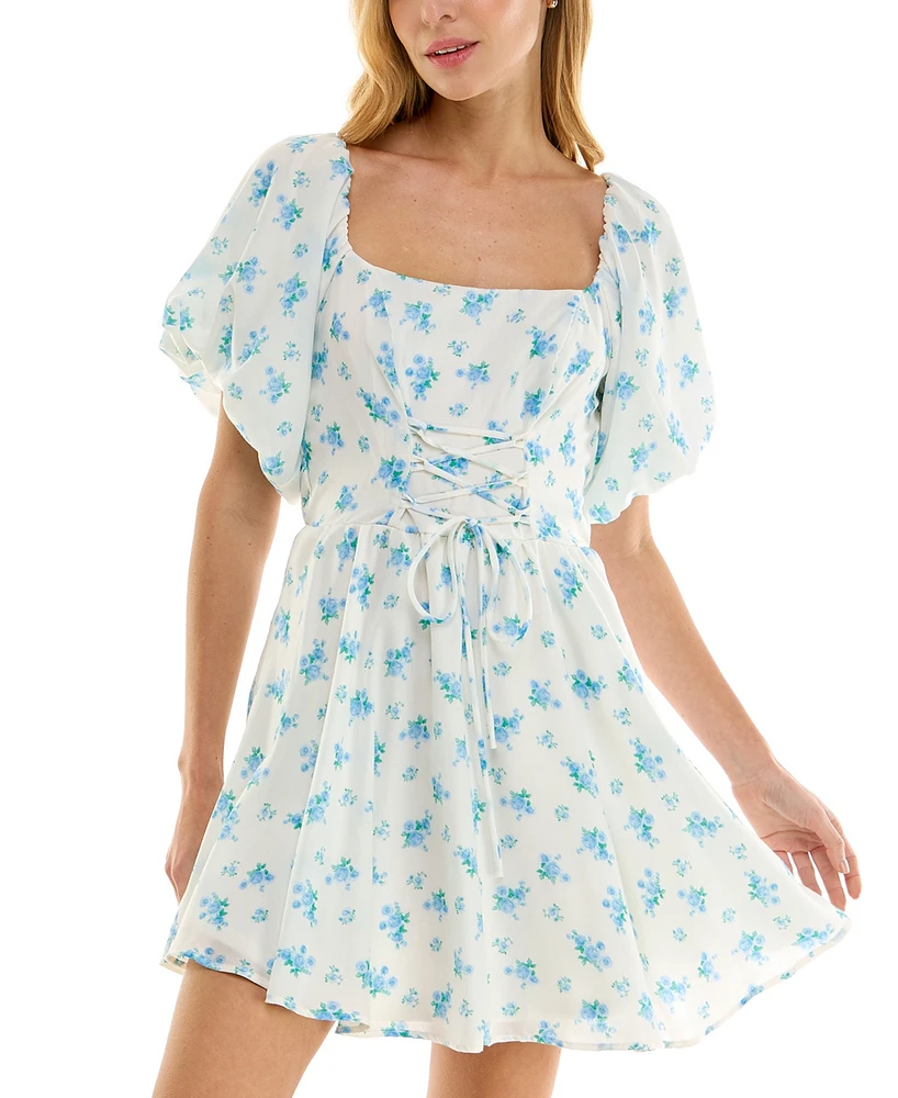 Crystal Doll Juniors' Printed Lace-Up Bubble-Sleeve Skater Dress
