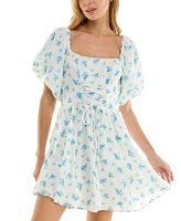 Crystal Doll Juniors' Printed Lace-Up Bubble-Sleeve Skater Dress
