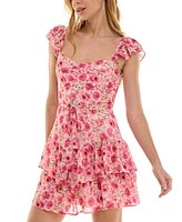 Crystal Doll Juniors' Floral-Print Tie-Front Flutter-Sleeve Tiered-Hem Dress