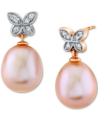 Pink Baroque Cultured Freshwater Pearl (9mm) & Diamond (1/10 ct. t.w.) Butterfly Drop Earrings In 14k Rose Gold