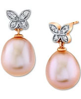 Pink Baroque Cultured Freshwater Pearl (9mm) & Diamond (1/10 ct. t.w.) Butterfly Drop Earrings In 14k Rose Gold