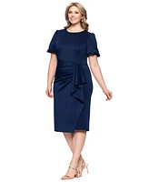 Xscape Plus Short-Sleeve Boat-Neck Draped Sheath Dress