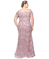 Xscape Plus Short-Sleeve Lace Off-The-Shoulder Gown