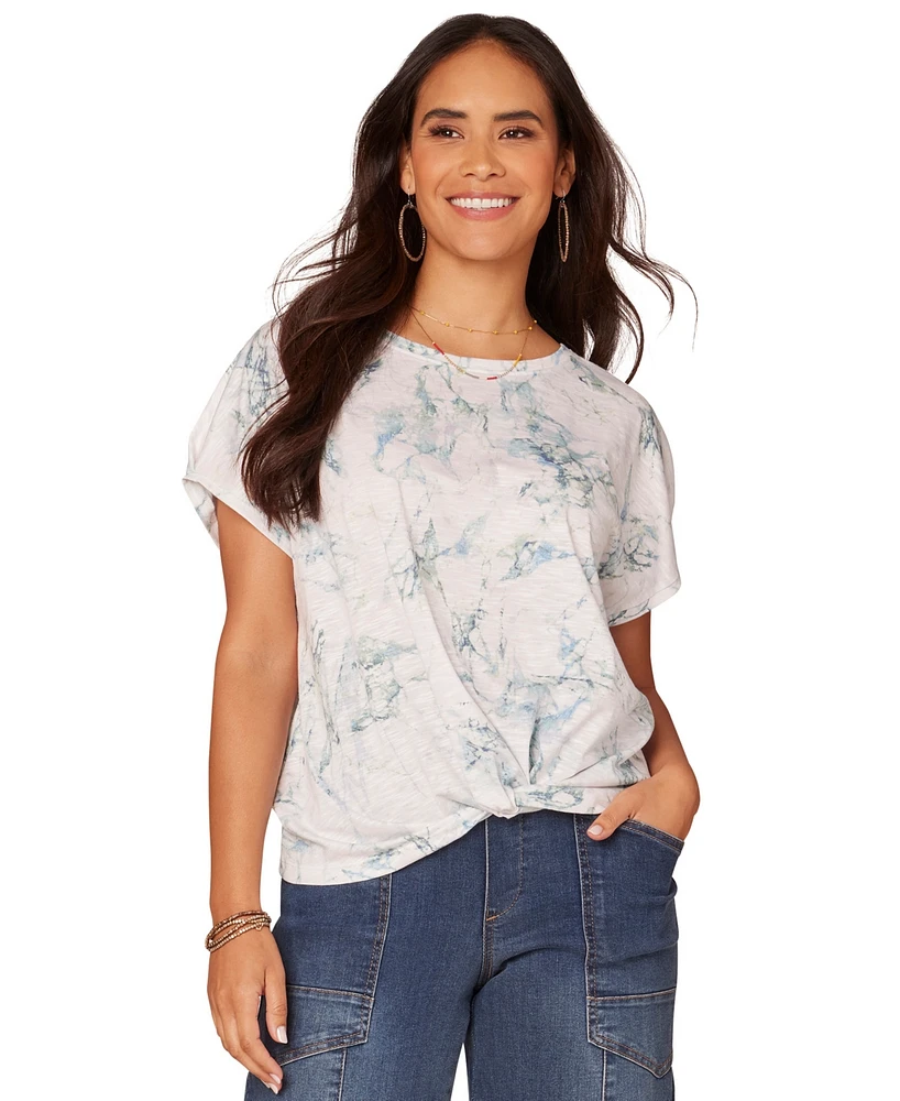 Democracy Petite Printed Twist-Front Short-Sleeve Top
