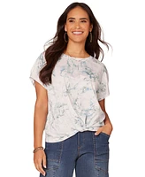 Democracy Petite Printed Twist-Front Short-Sleeve Top