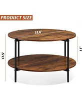 Wlive Round Coffee Table, Living Room Table with 2-Tier Storage Shelf, 32in Wood Modern Coffee Table with Metal Frame and Wood Desktop,Easy Assembly