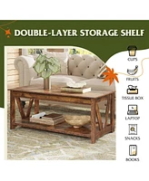 Wlive Farmhouse Coffee Table,Living Room Table with Storage,43 in Wood Center Table with V-Shaped Frame for Home Office,Apartment,Rustic Brown