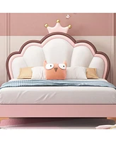 Queen Size Platform Bed Frame with Crown Shaped Headboard, Large Full Children's Bed Frame, Single Double Bed with Pu Leather Headboard