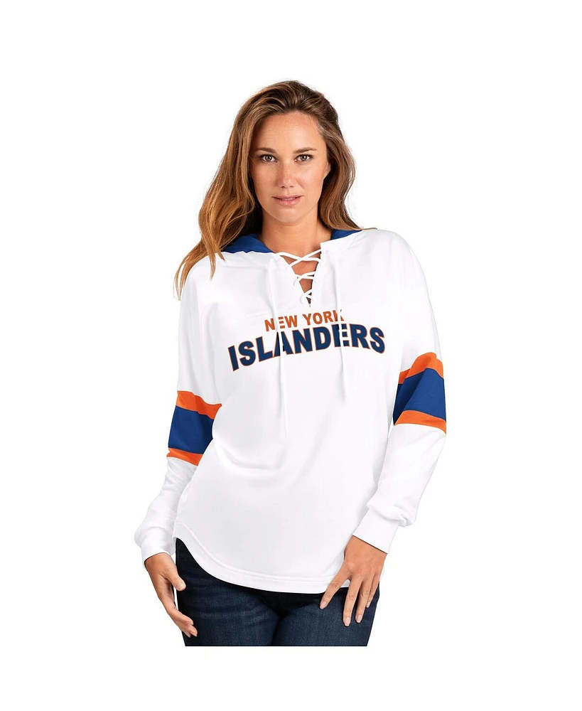 G-iii 4Her by Carl Banks Women's White New York Islanders Goal Zone Long Sleeve Lace-Up Hoodie T-Shirt