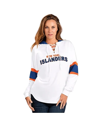 G-iii 4Her by Carl Banks Women's White New York Islanders Goal Zone Long Sleeve Lace-Up Hoodie T-Shirt