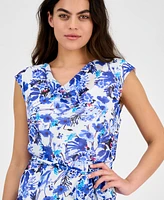 Ak Anne Klein Petite Printed Tie-Waist Cap-Sleeve Midi Dress