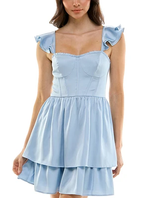 Crystal Doll Juniors' Sweetheart-Neck Ruffle-Sleeve Dress