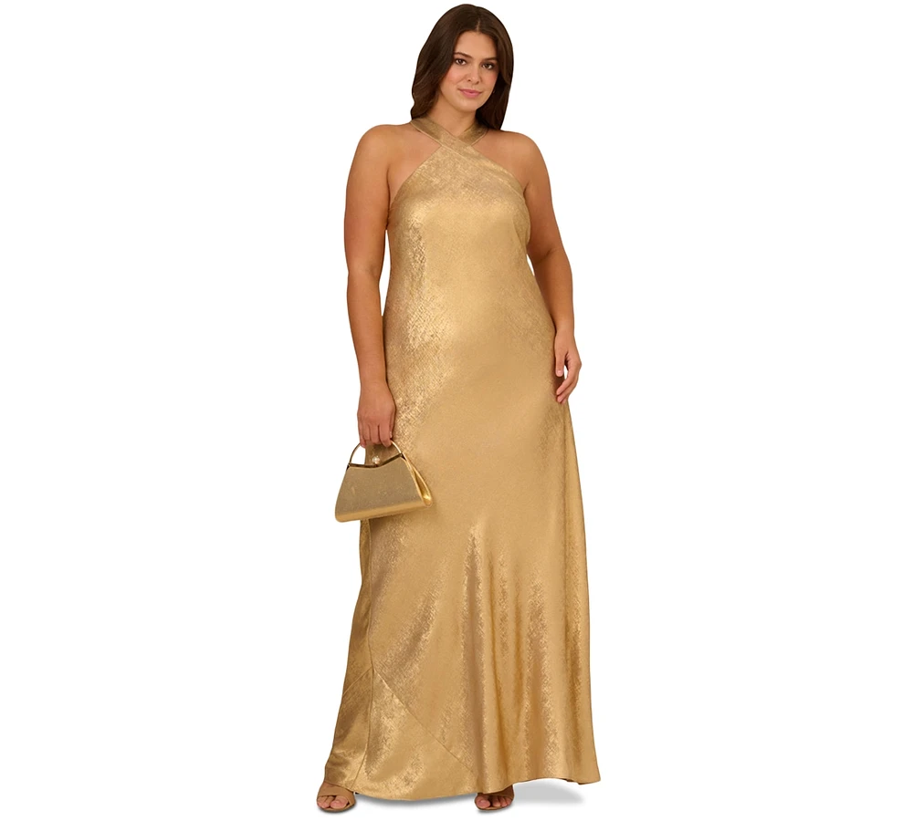 Aidan by Adrianna Papell Plus Sleevelss Gold Foil Gown
