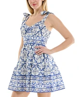 Trixxi Juniors' Cotton Santorini Tie-Strap Smock-Back Mini Dress