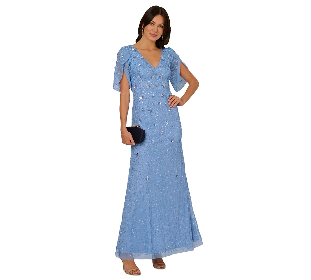 Adrianna Papell Women's V-Neck Petal-Sleeve Beaded Gown
