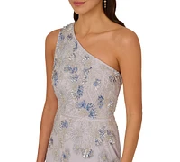 Adrianna Papell Women's Asymmetric-Neck Beaded Mesh Gown