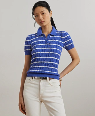 Lauren Ralph Women's Striped Cable-Knit Cotton Polo Sweater
