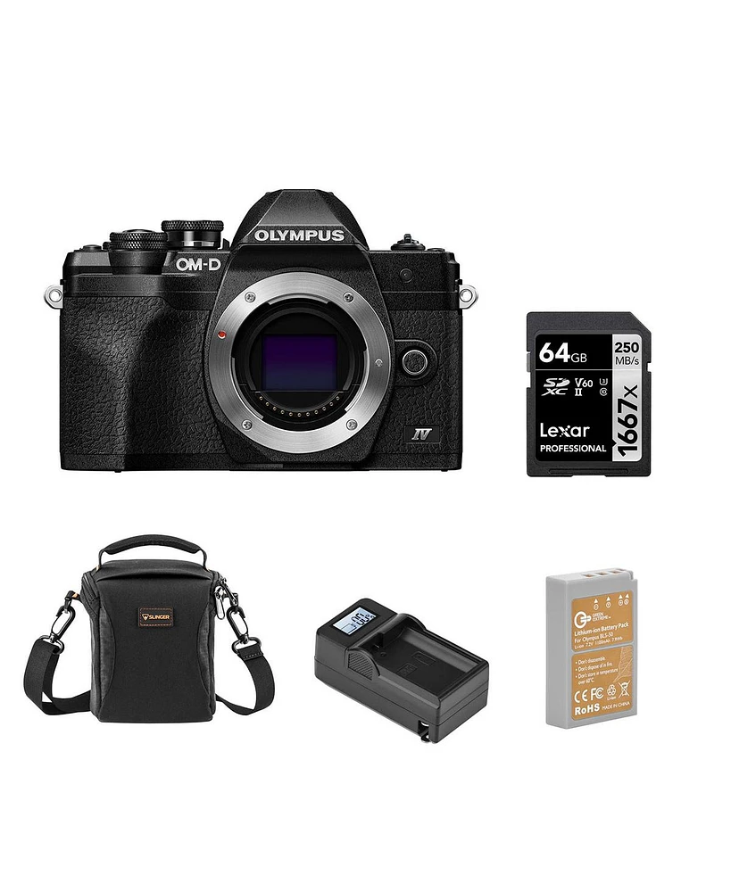 Olympus Om-d E-M10 Mark Iv Camera, Black Bundle with 64GB Sd Card, Shoulder Bag, Extra Battery, Smart Charger