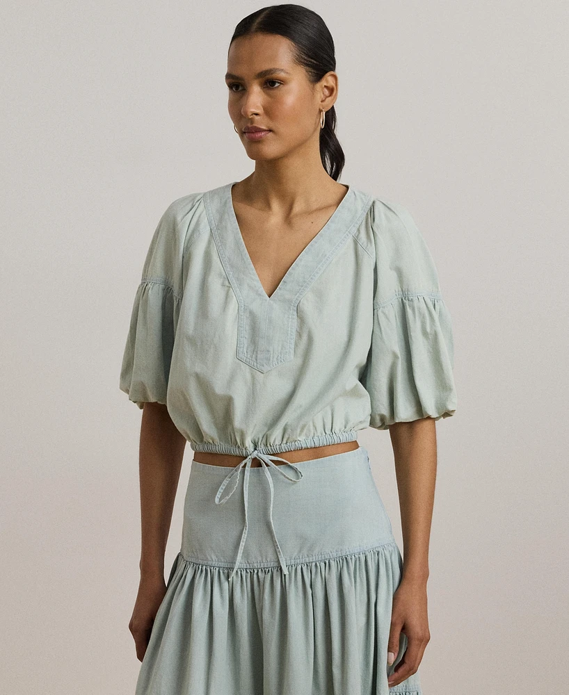 Lauren Ralph Women's Chambray Cropped Bubble-Sleeve Blouse