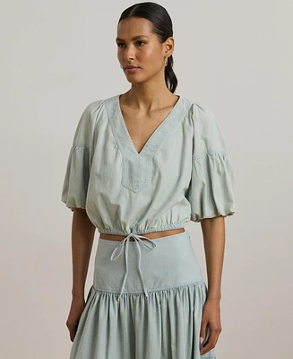 Lauren Ralph Women's Chambray Cropped Bubble-Sleeve Blouse