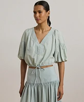 Lauren Ralph Women's Chambray Cropped Bubble-Sleeve Blouse