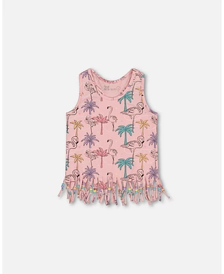 Deux par Big Girls Printed Organic Cotton Tank Top With Fringe Palm Trees, Pink Flamingo, And Turquoise