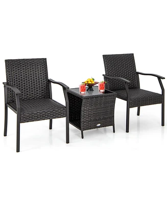 Gymax 3 Piece Patio Weather Resistant Conversation Set Wicker Chair w/ Quick Dry Foam Tempered Glass Table