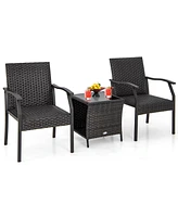 Gymax 3 Piece Patio Weather Resistant Conversation Set Wicker Chair w/ Quick Dry Foam Tempered Glass Table