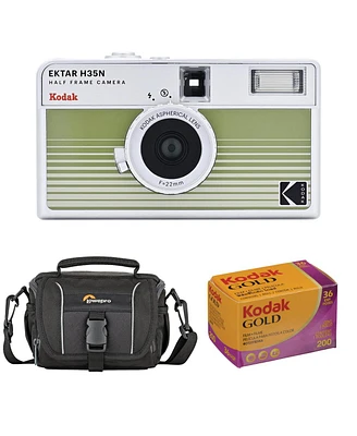 Kodak Ektar H35N Half Frame Film Camera, Striped Green, Bundle with Kodacolor Gold 200 35mm Color Negative Roll Film and Shoulder Bag