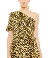 Mac Duggal Women's Floral Print Draped One Sleeve Ruffled Hem Gown