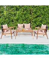 Gymax 4 Piece Patio Conversation Set Outdoor Furniture Set w/ Cushions & Wood Frame