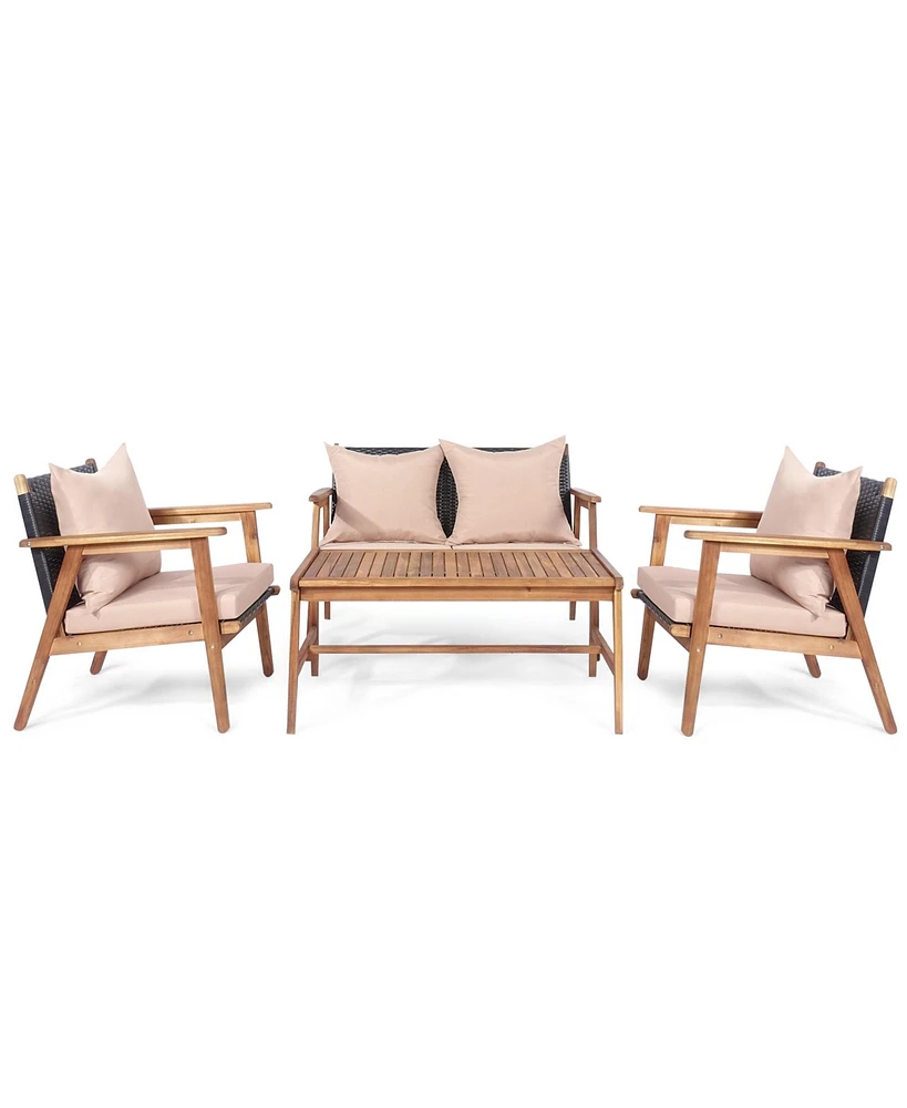 Gymax 4 Piece Patio Conversation Set Outdoor Furniture Set w/ Cushions & Wood Frame