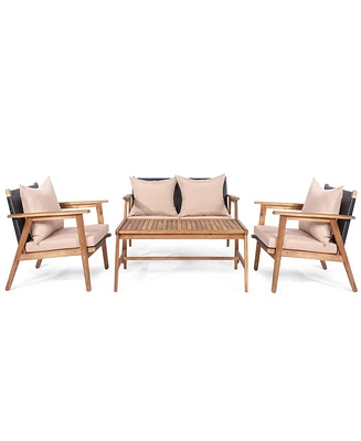 Gymax 4 Piece Patio Conversation Set Outdoor Furniture Set w/ Cushions & Wood Frame
