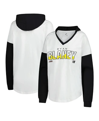 G-iii 4Her by Carl Banks Women's White/Black Ryan Blaney Bench Player Oversized Long Sleeve Hoodie V-Neck T-Shirt