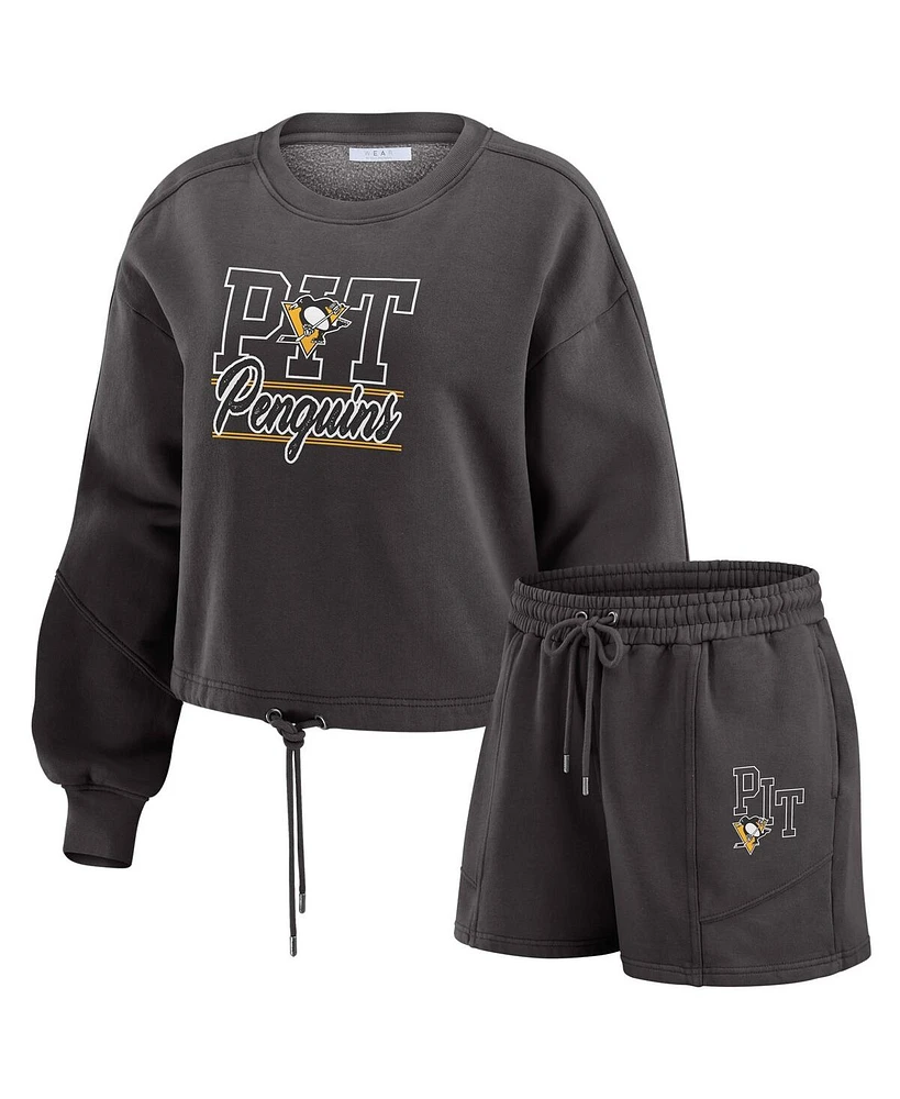 Wear by Erin Andrews Women's Black Pittsburgh Penguins Washed Fleece Sweatshirt & Shorts Lounge Set