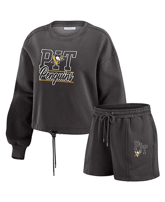 Wear by Erin Andrews Women's Black Pittsburgh Penguins Washed Fleece Sweatshirt & Shorts Lounge Set